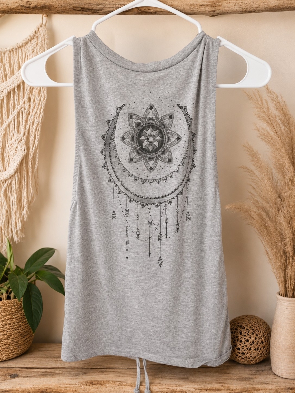 Gray Sleeveless Tank with Mandala Dreamcatcher Print